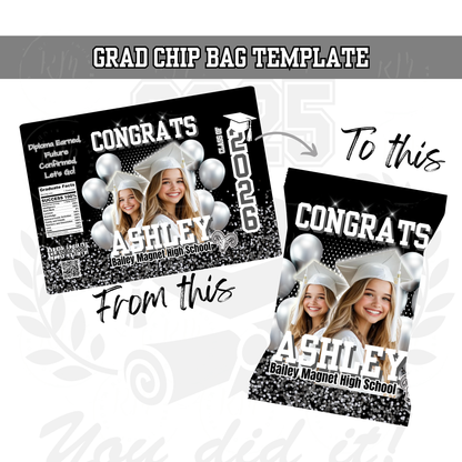 2026 Graduation Chip Bag Template, Editable Black, Gray and White Grad Party Favor, 2026 Grad Chip Bag, Unique Grad Gifts for Grad Party