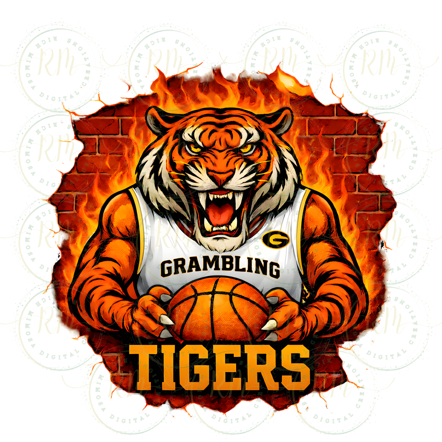 Grambling Tigers Basketball PNG: Fiery HBCU Sports Design (Digital Download)