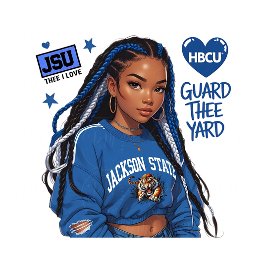 Jackson State University Girl Clipart | HBCU PNG for T-Shirts, Mugs and other Merch | JSU Blue Braids Black Woman Sublimation Design