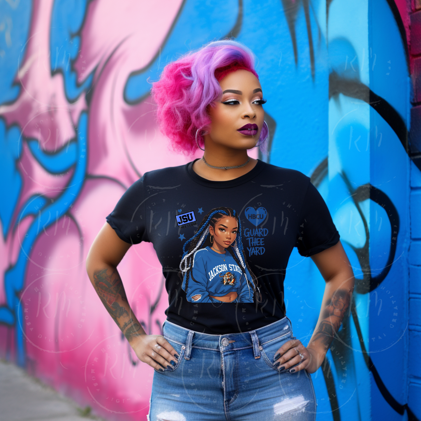 Jackson State University Girl Clipart | HBCU PNG for T-Shirts, Mugs and other Merch | JSU Blue Braids Black Woman Sublimation Design