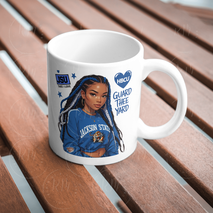 Jackson State University Girl Clipart | HBCU PNG for T-Shirts, Mugs and other Merch | JSU Blue Braids Black Woman Sublimation Design