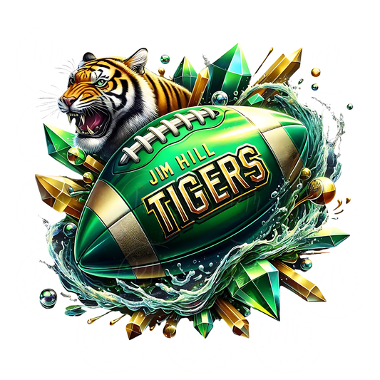 Jim Hill Tigers Football Clipart – Fierce Roaring Tiger Mascot with Green and Gold Football, High School Sports Team PNG for Merch, Apparel, and Digital Designs