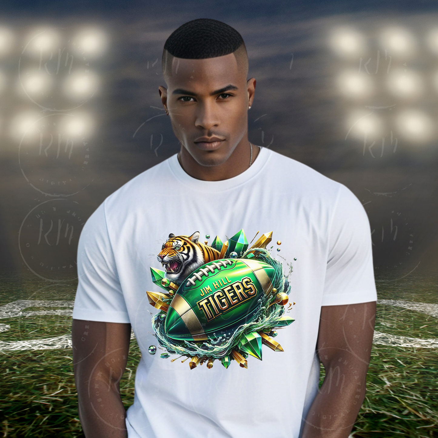 Jim Hill Tigers Football Clipart – Fierce Roaring Tiger Mascot with Green and Gold Football, High School Sports Team PNG for Merch, Apparel, and Digital Designs