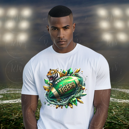 Jim Hill Tigers Football Clipart – Fierce Roaring Tiger Mascot with Green and Gold Football, High School Sports Team PNG for Merch, Apparel, and Digital Designs