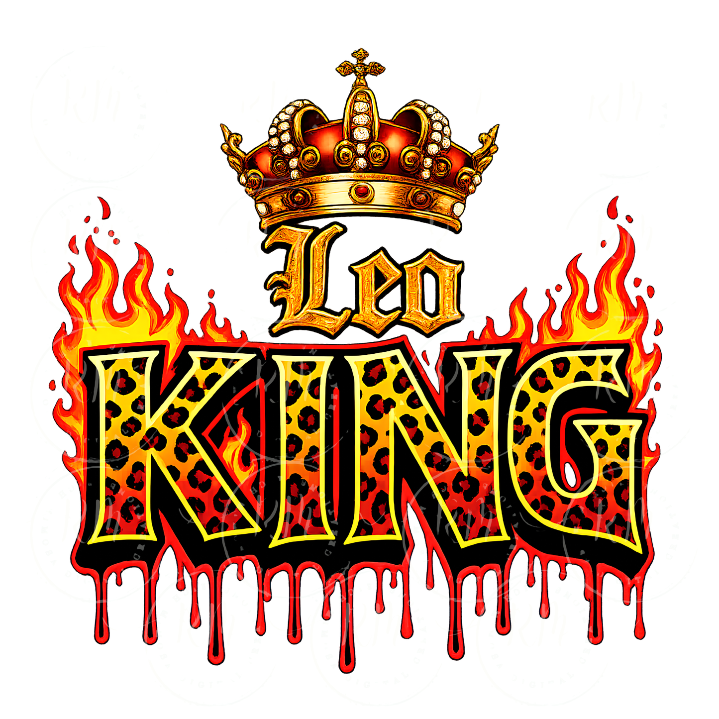 Leo King PNG, Zodiac King Sublimation Design, Transparent Leopard Print Flame Crown PNG