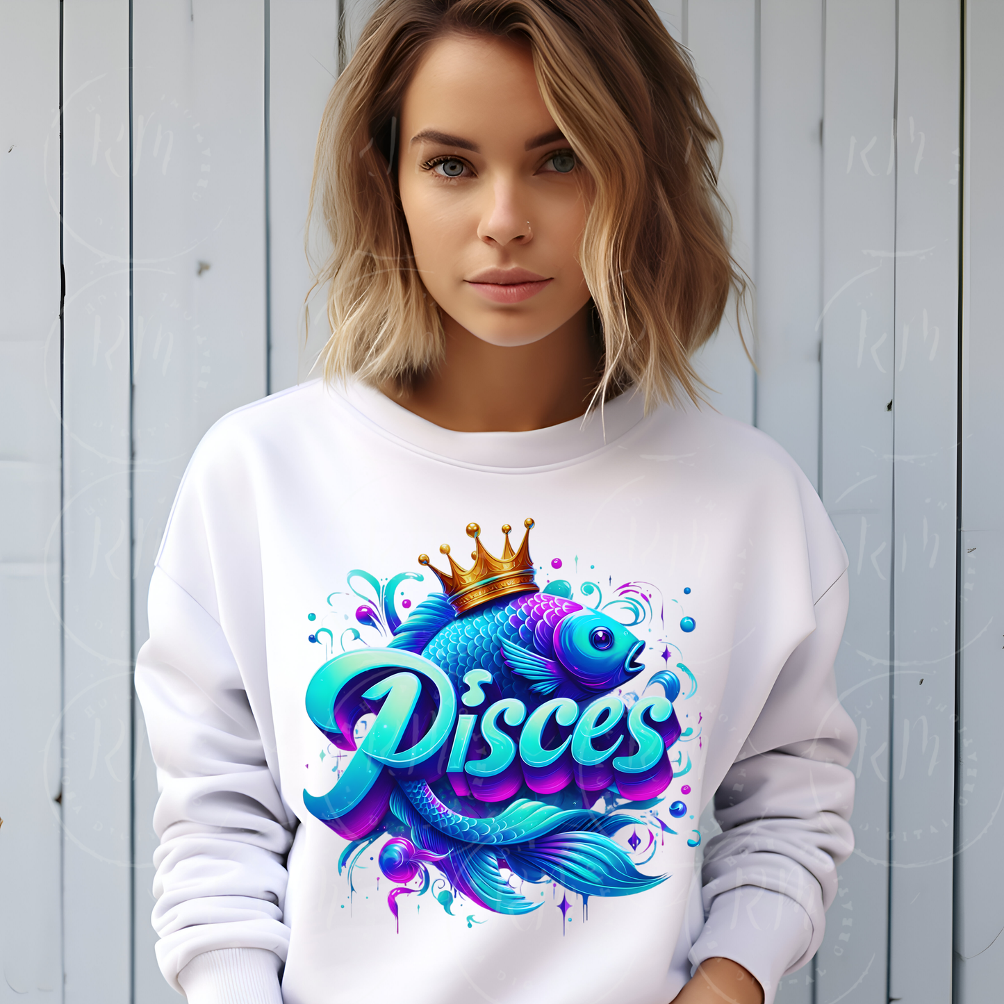 Pisces Zodiac PNG, Crowned Fish Clipart, Astrology Birthday Design (Digital Download)
