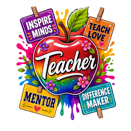 Teacher Sublimation Design PNG, Colorful Apple Teacher Graphic, Inspire Minds Teach Love Mentor, Teacher Appreciation Design