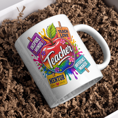 Teacher Sublimation Design PNG, Colorful Apple Teacher Graphic, Inspire Minds Teach Love Mentor, Teacher Appreciation Design