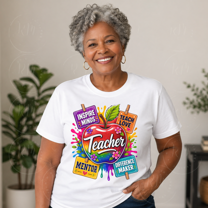 Teacher Sublimation Design PNG, Colorful Apple Teacher Graphic, Inspire Minds Teach Love Mentor, Teacher Appreciation Design