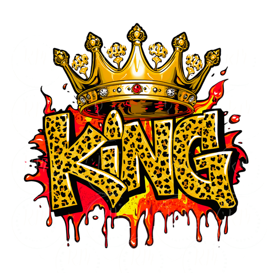 King Crown Clipart – Leopard Print Text PNG with Gold Crown – Bold Royal Digital Art for Sublimation, Crafts & Designs