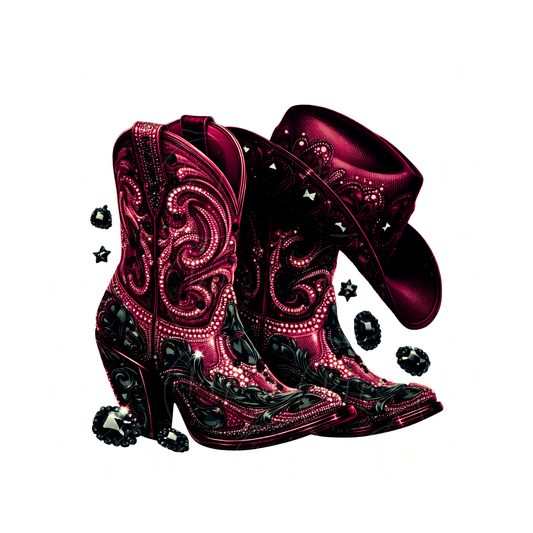 Burgundy Denim and Black Rhinestone Cowgirl Boots PNG: Western Clipart (Digital Download)