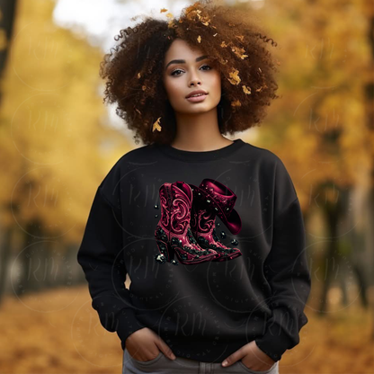 Burgundy Denim and Black Rhinestone Cowgirl Boots PNG: Western Clipart (Digital Download)