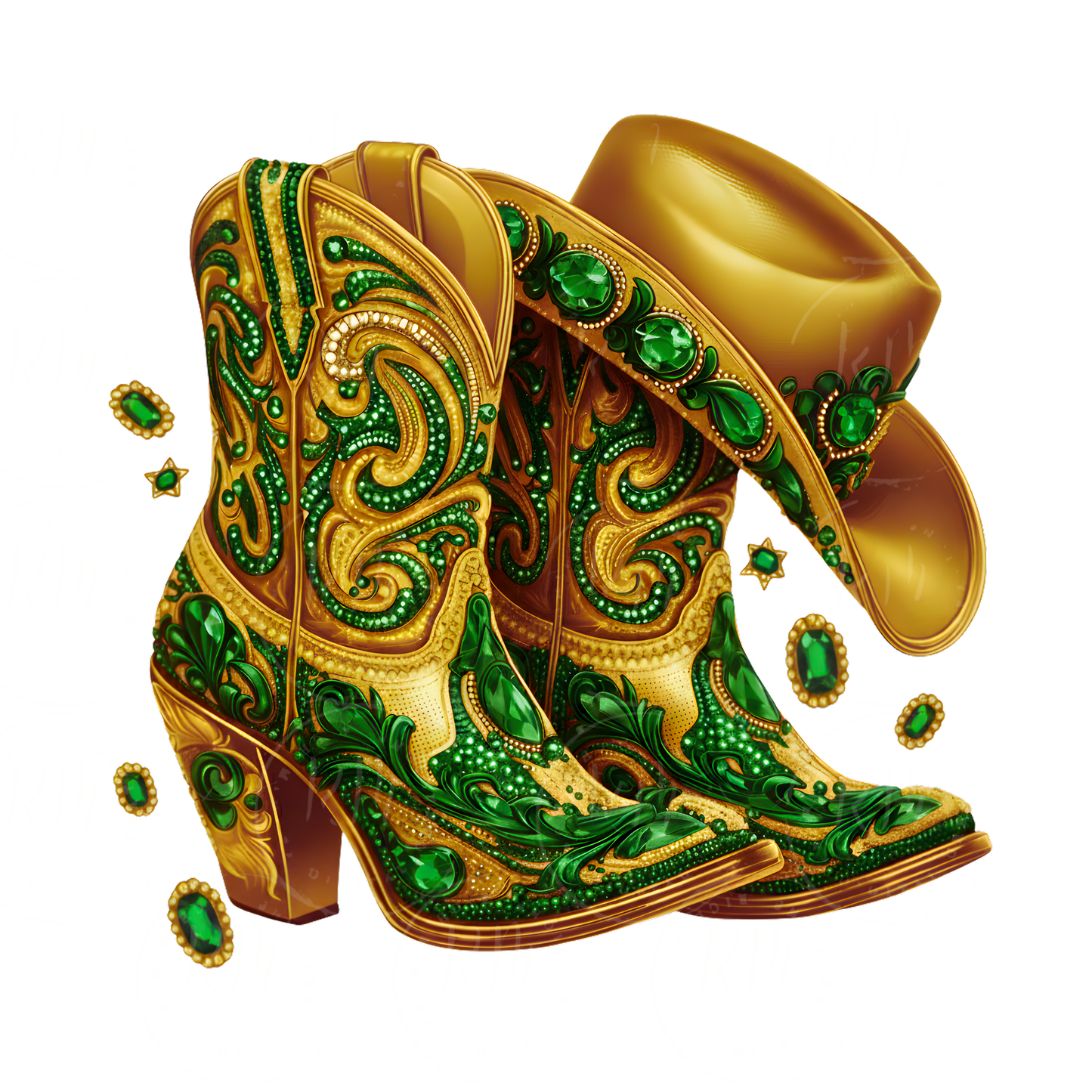 Gold and Green Rhinestone Cowgirl Boots PNG: Western Clipart (Digital Download)