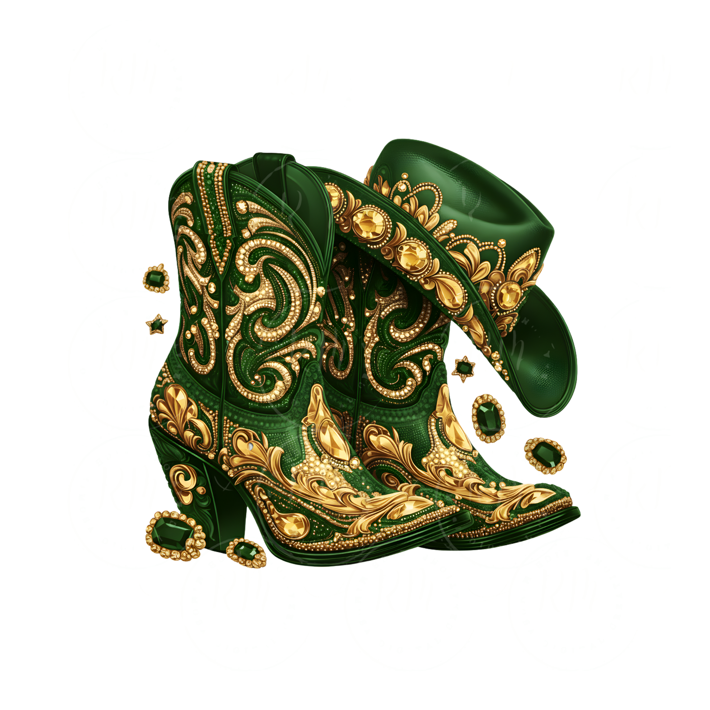 Green And Gold Rhinestone Cowgirl Boots PNG: Western Clipart (Digital Download)