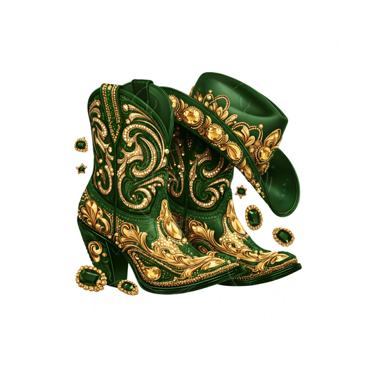 Green And Gold Rhinestone Cowgirl Boots PNG: Western Clipart (Digital Download)