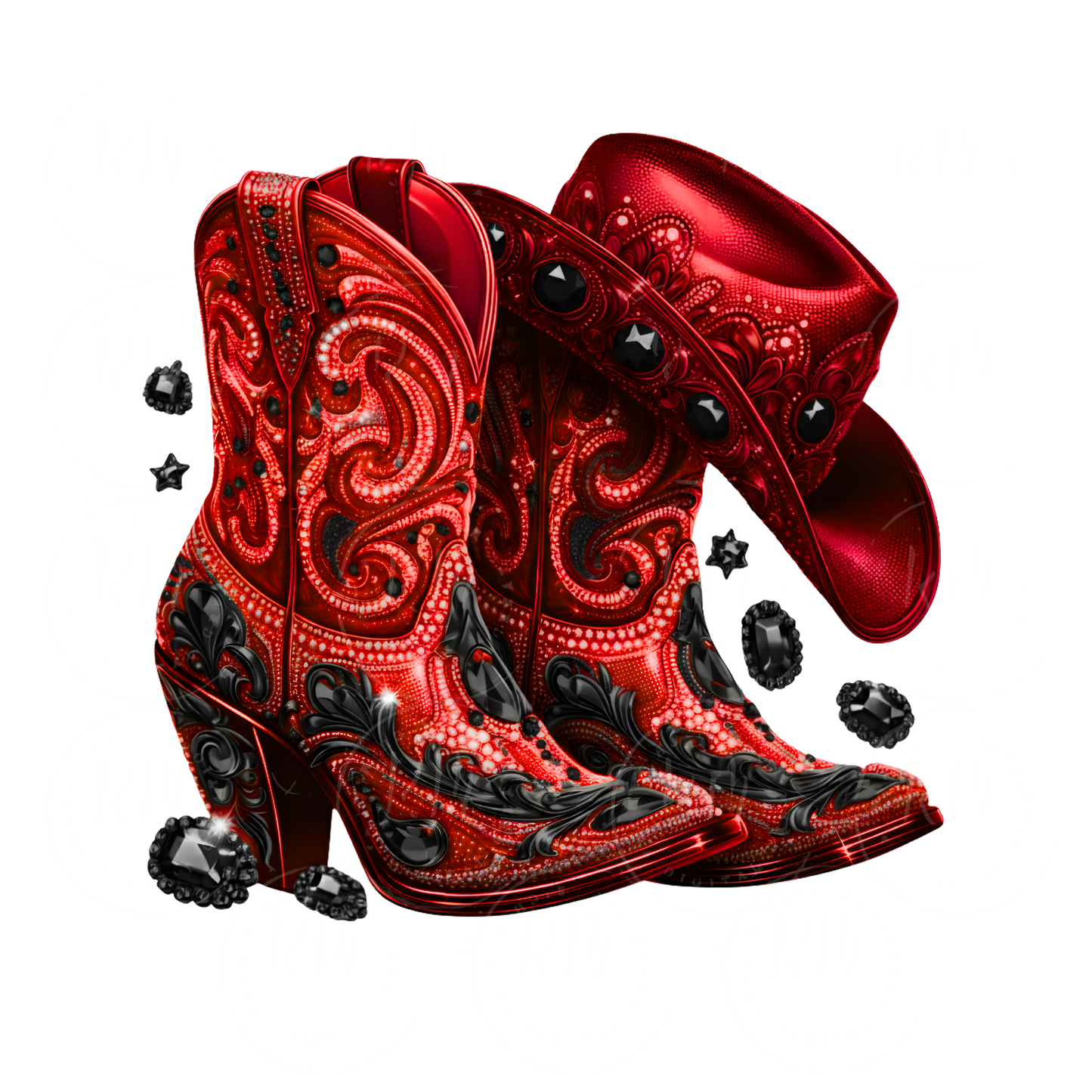 Red Denim and Black Rhinestone Cowgirl Boots PNG: Western Clipart (Digital Download)