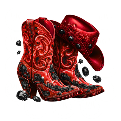 Red Denim and Black Rhinestone Cowgirl Boots PNG: Western Clipart (Digital Download)