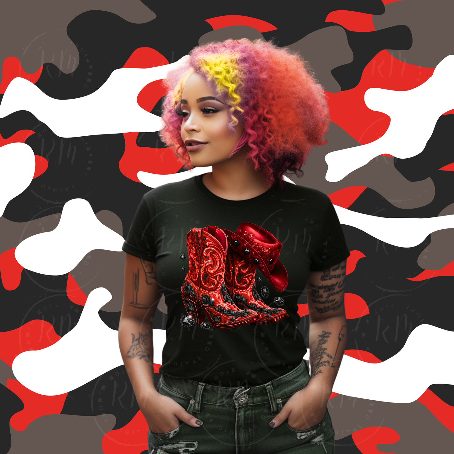 Red Denim and Black Rhinestone Cowgirl Boots PNG: Western Clipart (Digital Download)