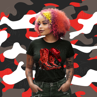 Red Denim and Black Rhinestone Cowgirl Boots PNG: Western Clipart (Digital Download)