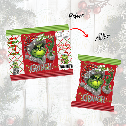 Grinch Merry Christmas Plaid Chip Bag Template | Christmas Party Favor Printable | Canva Editable Design