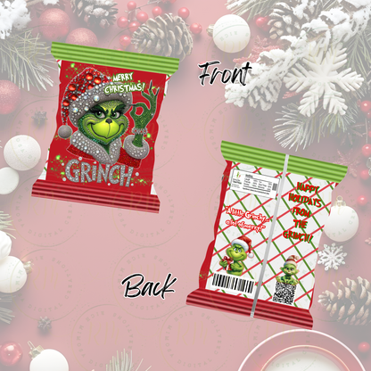 Grinch Merry Christmas Plaid Chip Bag Template | Christmas Party Favor Printable | Canva Editable Design