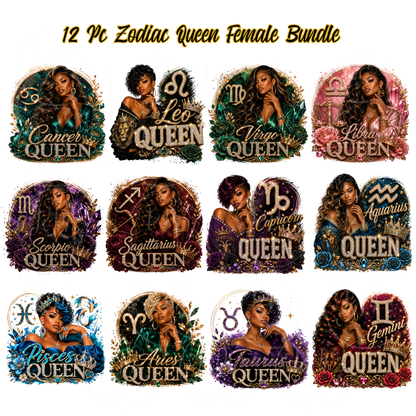 Zodiac Queen PNG Bundle | 12 Black Girl Zodiac Sublimation Designs