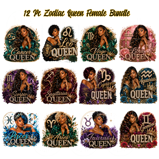 Zodiac Queen PNG Bundle | 12 Black Girl Zodiac Sublimation Designs