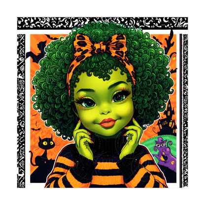 4 Green Halloween Girls Clipart | Whimsical Halloween Green Witch Girl Art | Cute Grinch-Inspired Halloween Decor | Black Cat, Pumpkins, Haunted House