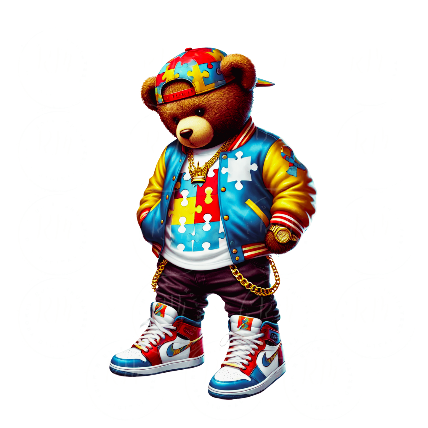 Autism Awareness Streetwear Teddy Bear Art – Colorful Puzzle Piece Hip-Hop Bear with Sneakers & Chains | High-Resolution PNG Download