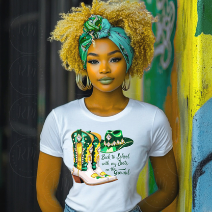 Back to School Boots on the Ground Clipart, Green, Yellow & White Rhinestone Cowgirl Boots and Hat PNG, Western Glam Shirt Design