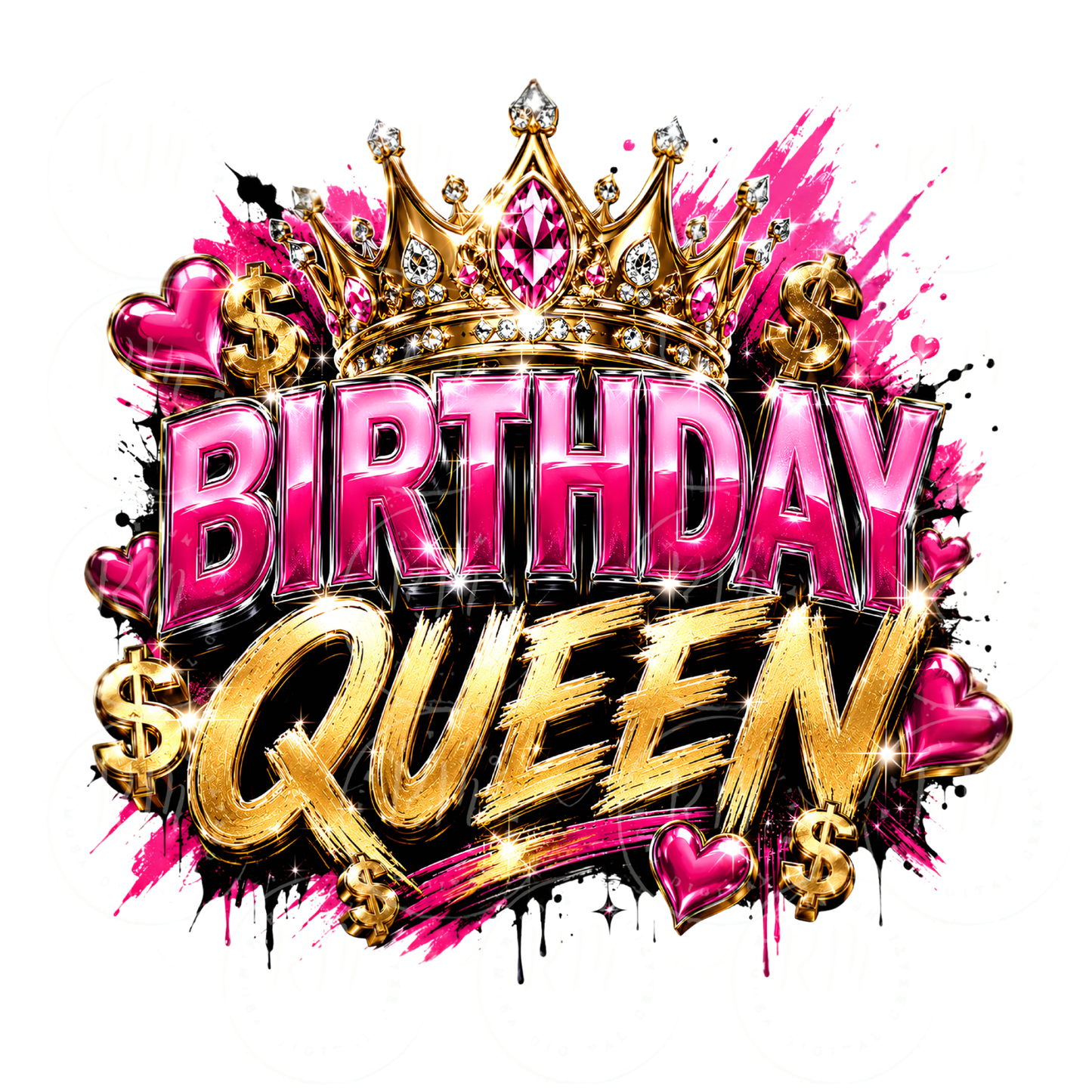 Birthday Queen PNG | Pink and Gold Birthday Design | Glam Birthday Girl PNG | Crown Birthday Sublimation | Birthday Shirt Design