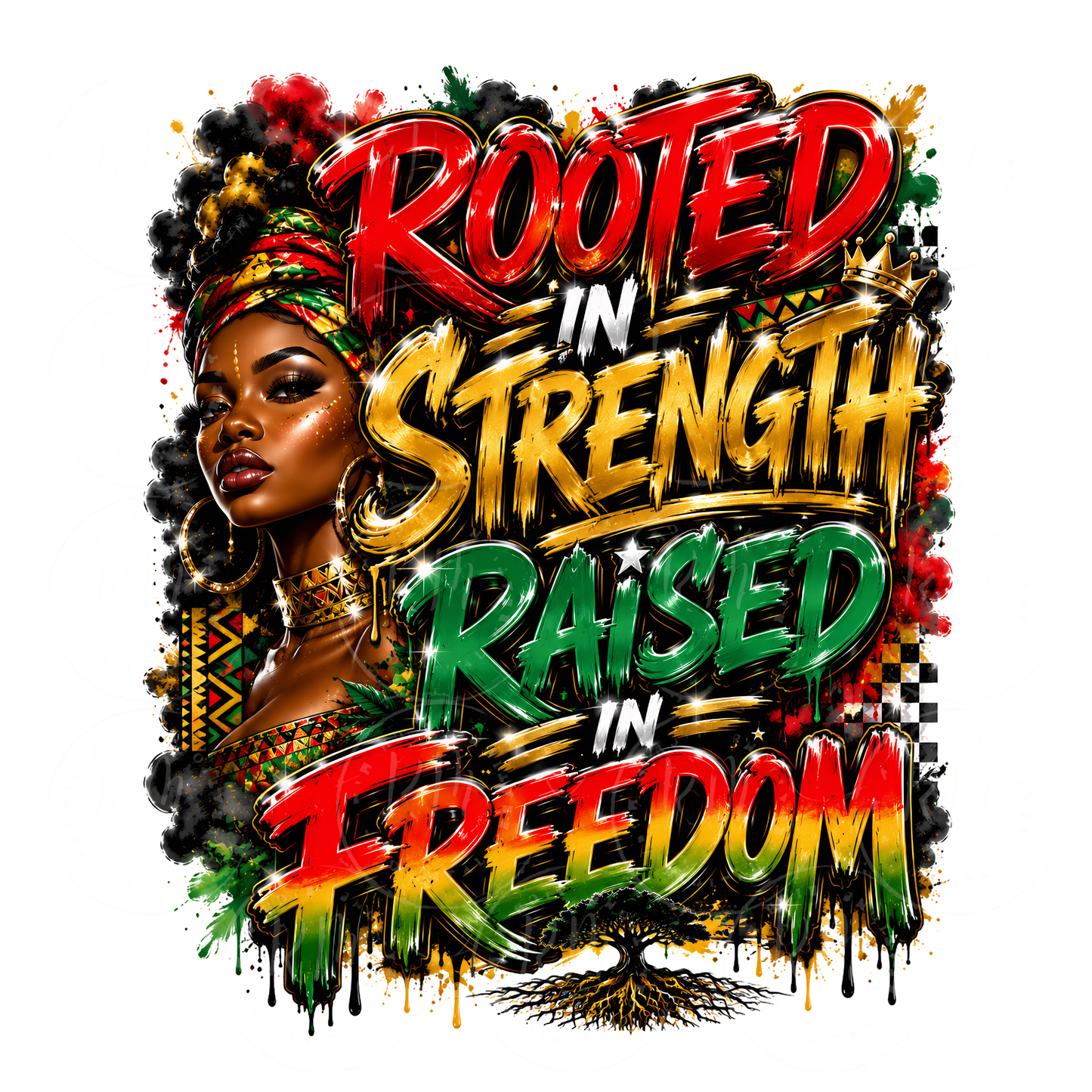 Rooted In Strength Raised In Freedom PNG, Black Excellence Sublimation Design, Afrocentric Graffiti Art, Juneteenth PNG, Black Woman PNG