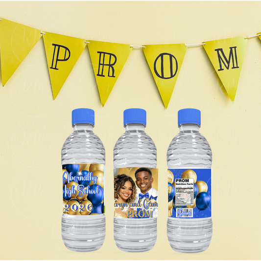 2026 Prom Water Bottle Label Template: Blue, Gold and White Party Favor (Digital Download)