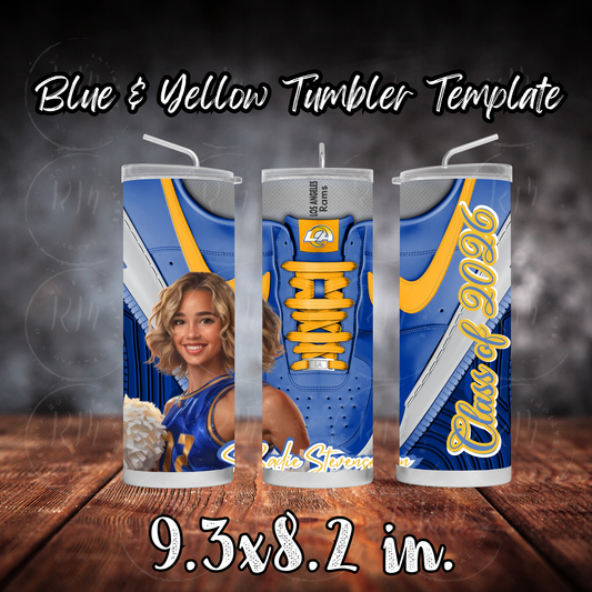 Shoelace Graduation Editable Blue and Yellow Canva Tumbler Template