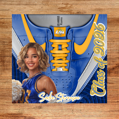 Shoelace Graduation Editable Blue and Yellow Canva Tumbler Template