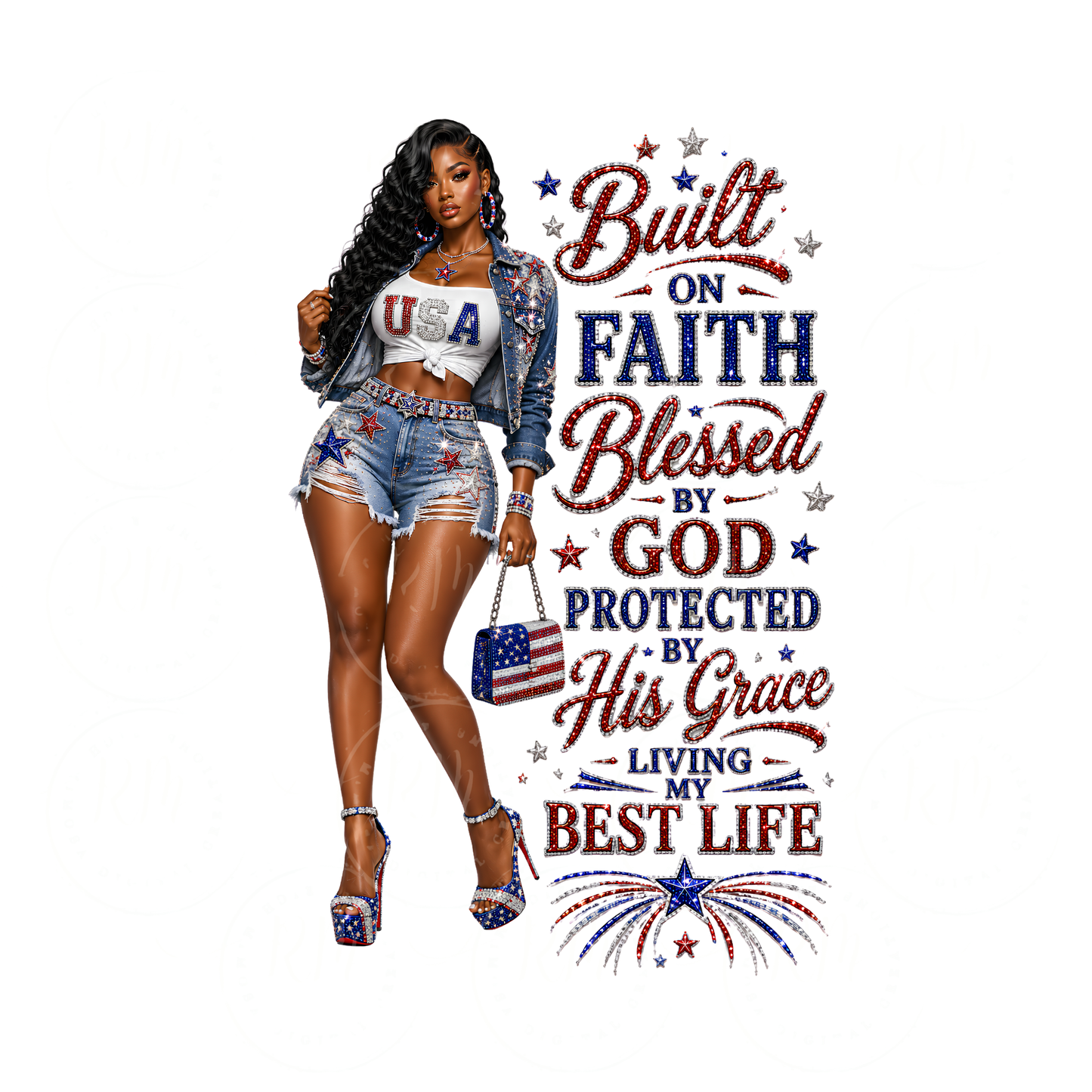 Built on Faith Blessed by God Patriotic PNG | African American Woman | 4th of July Sublimation Design | USA T-Shirt Graphic
