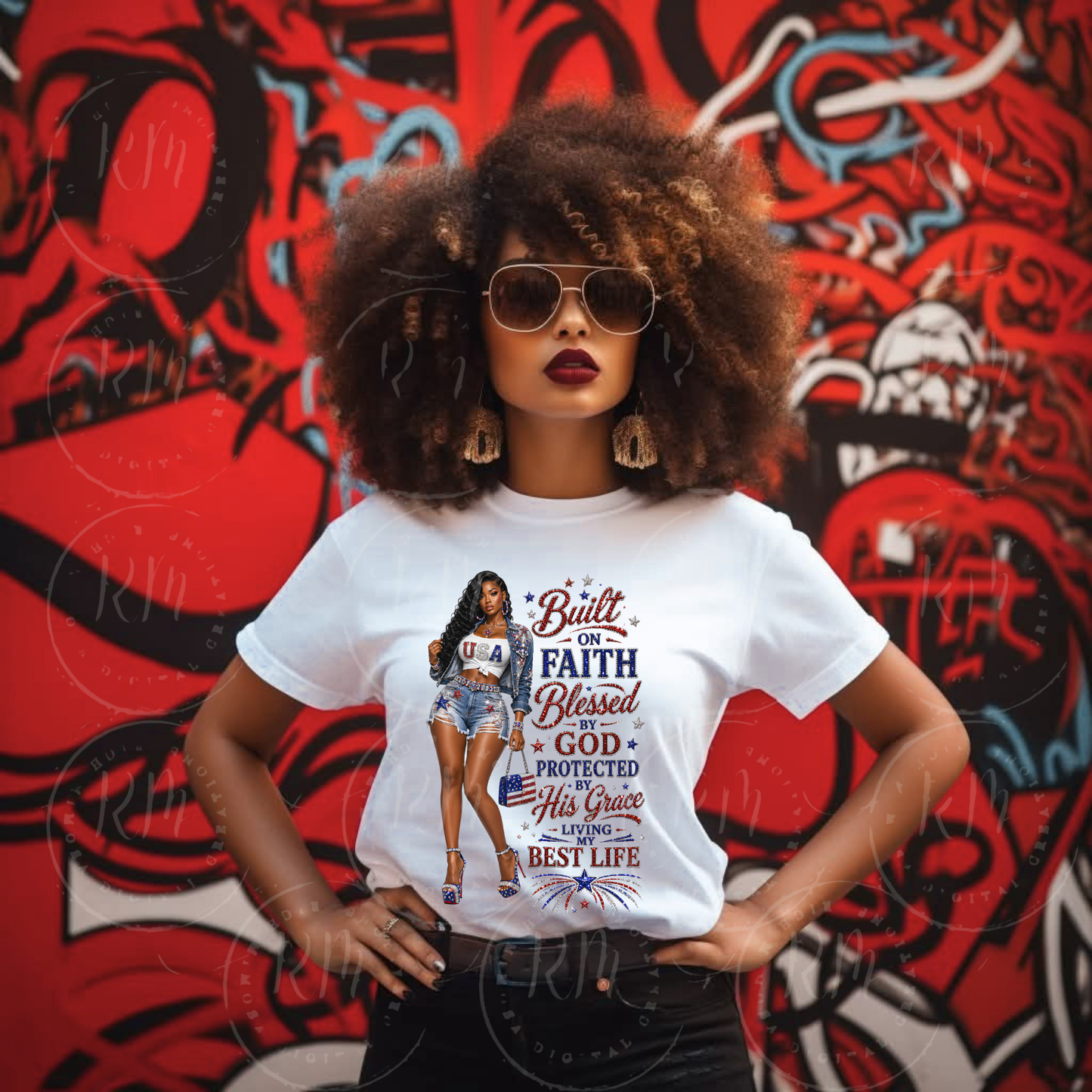 Built on Faith Blessed by God Patriotic PNG | African American Woman | 4th of July Sublimation Design | USA T-Shirt Graphic