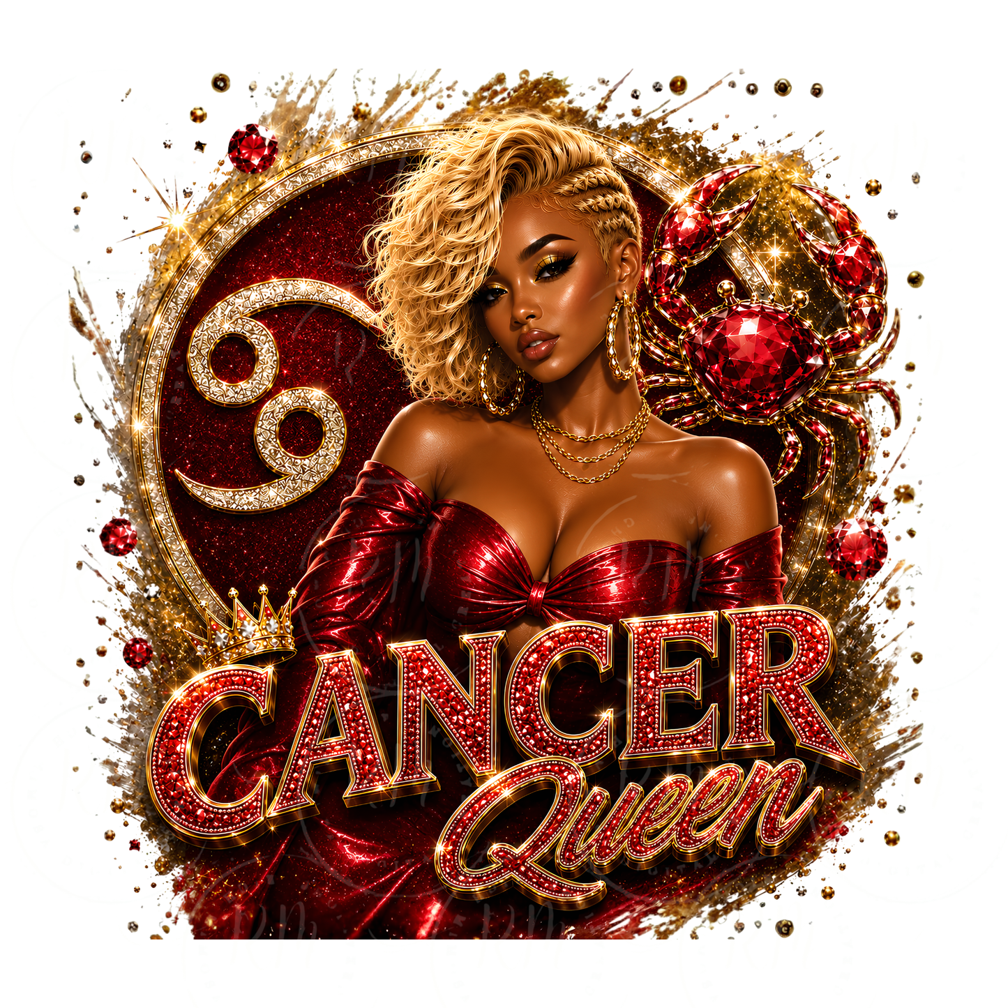 Cancer Queen PNG | Red & Gold Zodiac Glam Clipart