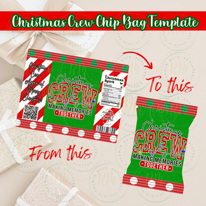 Christmas Crew Chip Bag Template | Editable Holiday Party Favor | Canva Template
