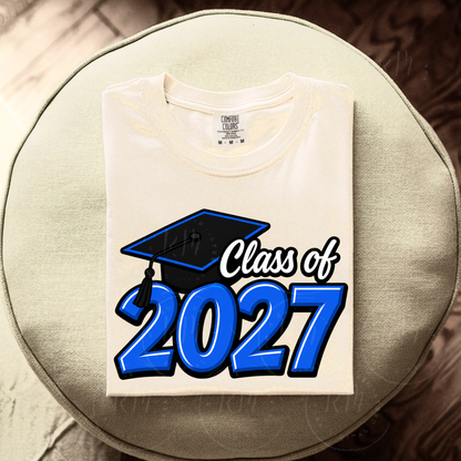 Class of 2027 PNG, Graduation PNG, Senior 2027 Sublimation Design, Blue, Black and White Grad Cap PNG, Graduate Shirt Design Download