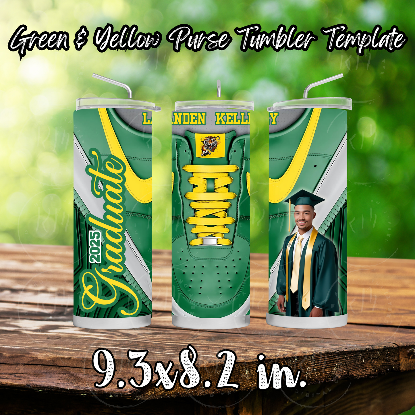 Shoelace Graduation Editable Green and Yellow Canva Tumbler Template