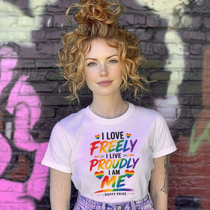 I Love Freely I Live Proudly I Am Me PNG | LGBTQ Pride Sublimation Design | Rainbow Pride Quote PNG | Self Love Pride Artwork
