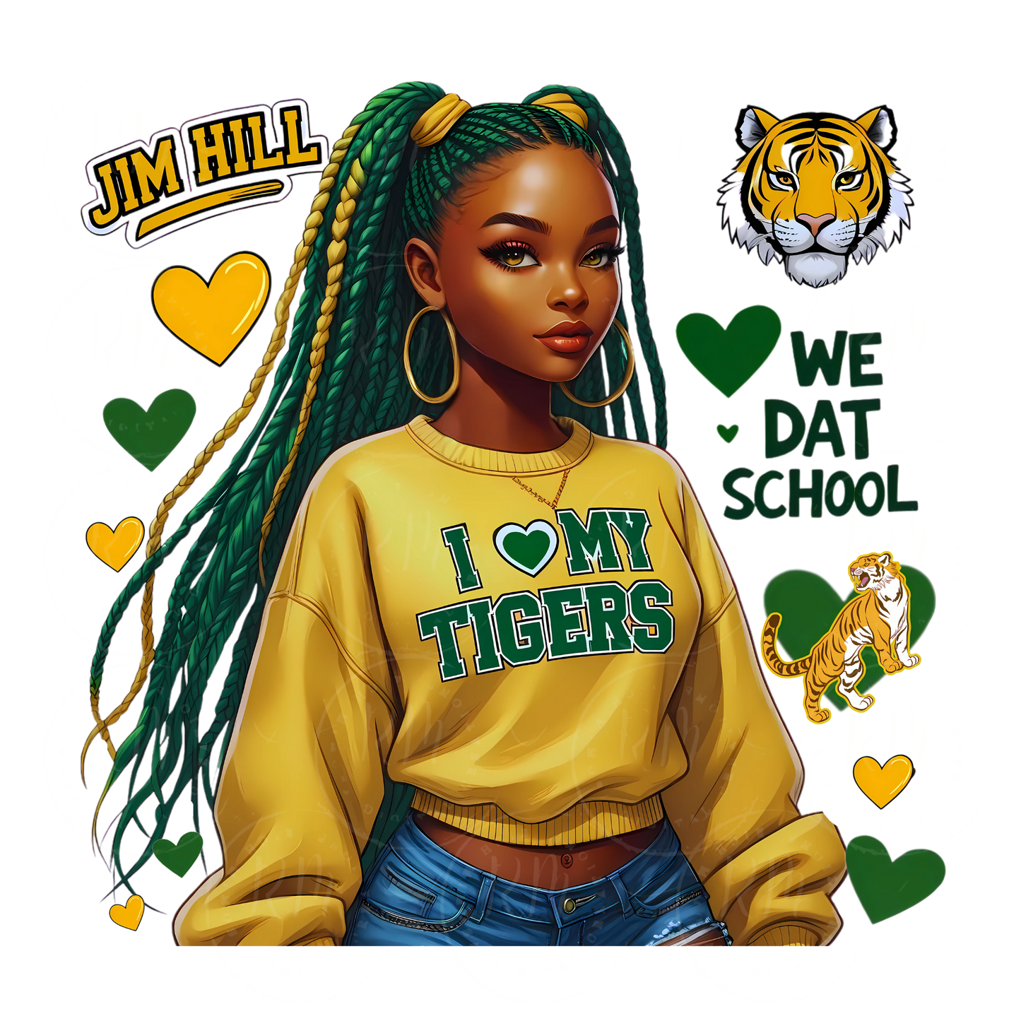 Jim Hill High School Tigers Digital PNG – Black Girl School Spirit Graphic | Yellow & Green Pride Download for T-Shirts, Merch & DIY Projects