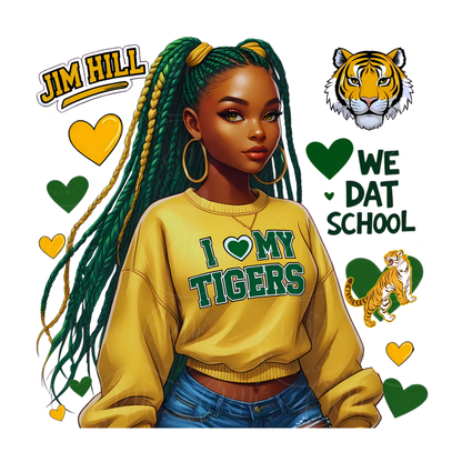 Jim Hill High School Tigers Digital PNG – Black Girl School Spirit Graphic | Yellow & Green Pride Download for T-Shirts, Merch & DIY Projects