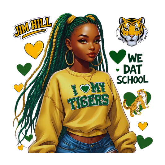 Jim Hill High School Tigers Digital PNG – Black Girl School Spirit Graphic | Yellow & Green Pride Download for T-Shirts, Merch & DIY Projects