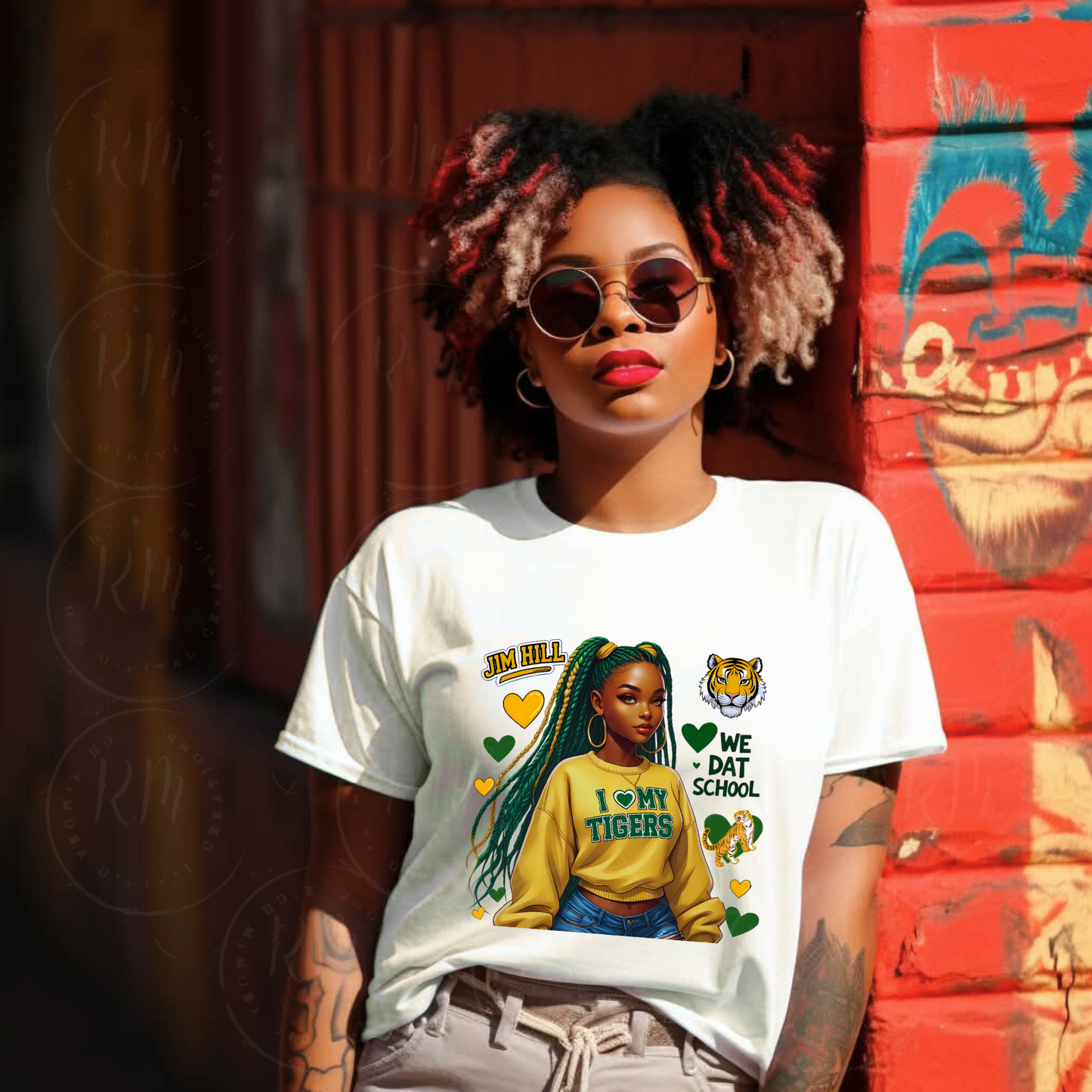 Jim Hill High School Tigers Digital PNG – Black Girl School Spirit Graphic | Yellow & Green Pride Download for T-Shirts, Merch & DIY Projects