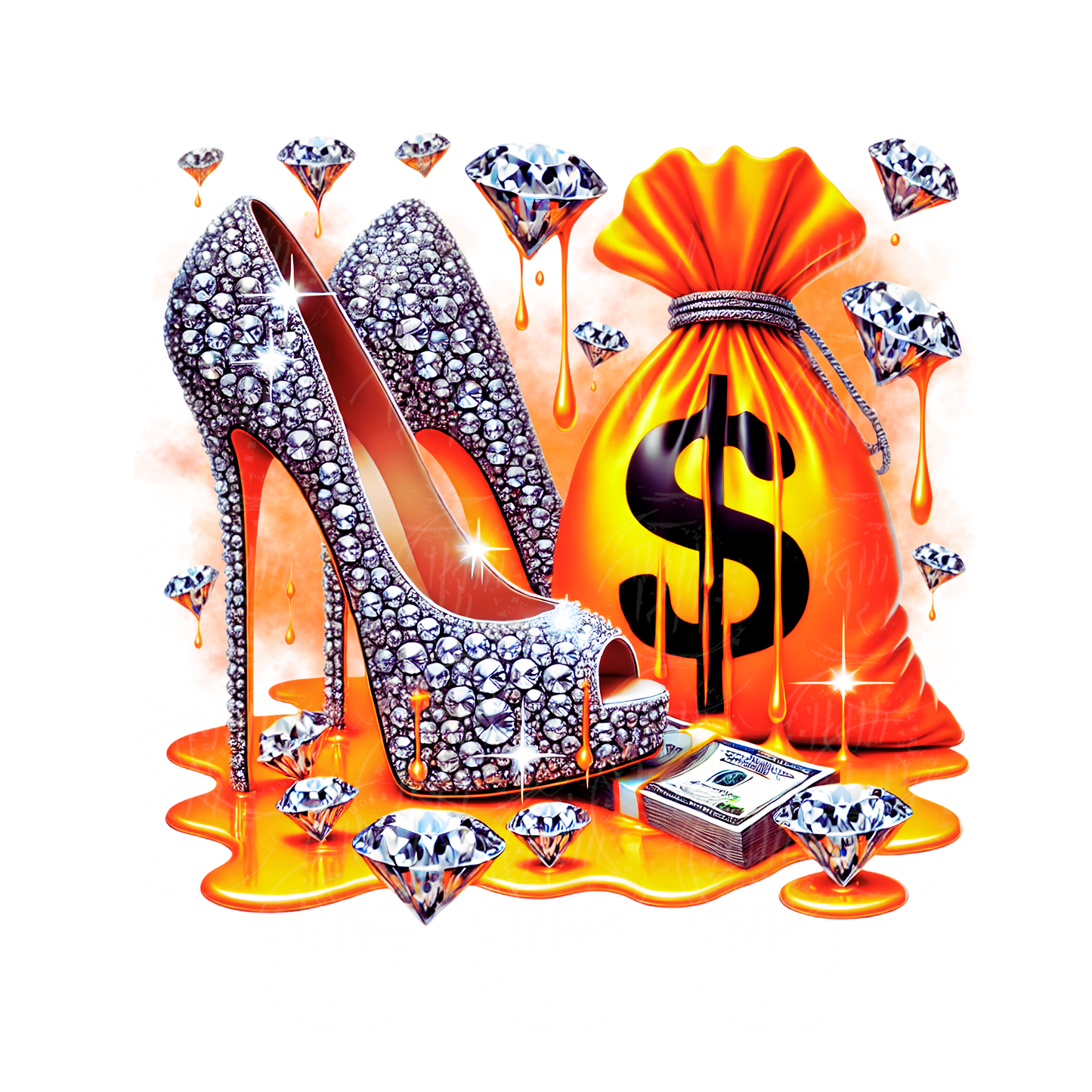 Glam Orange Heels & Money Bag Clipart | Rhinestone PNG (Digital Download)