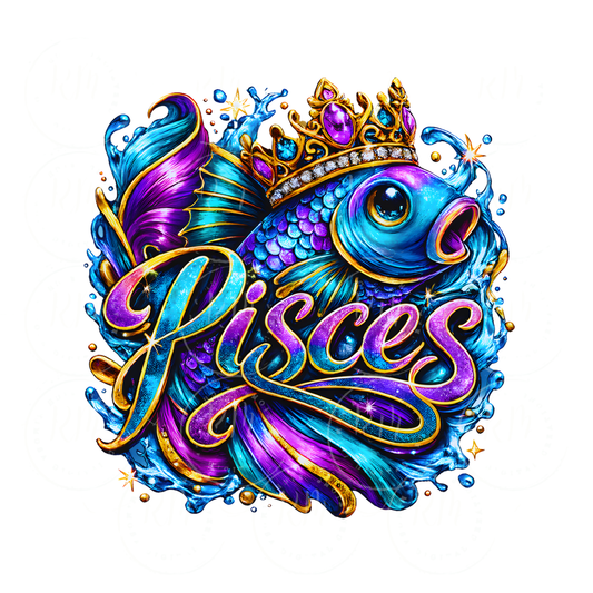 Pisces Fish Graphic, Royal Crown, Zodiac Astrology Sublimation Design (Digital Download)