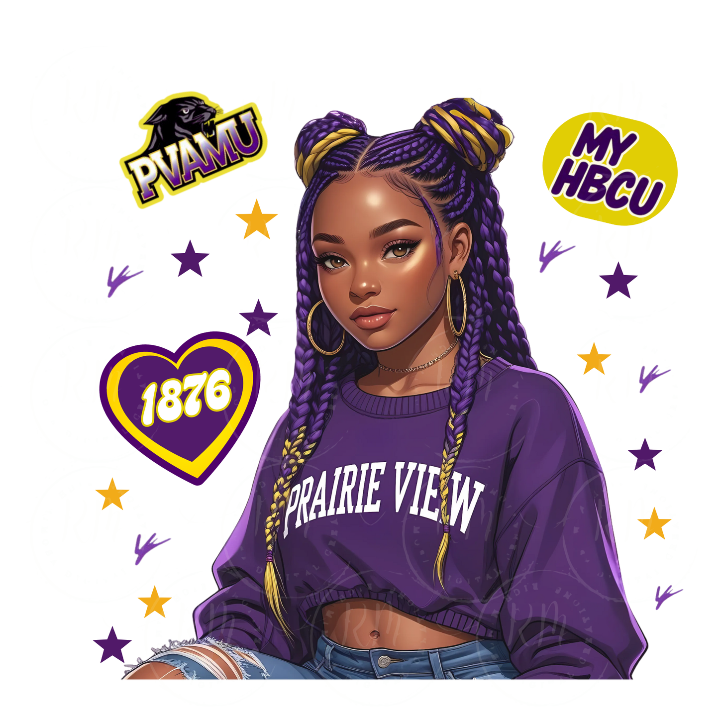 Prairie View A&M University Girl Clipart | HBCU PNG for T-Shirts, Mugs and other Merch | PVAMU Purple and Yellow Braids Black Woman Sublimation Design