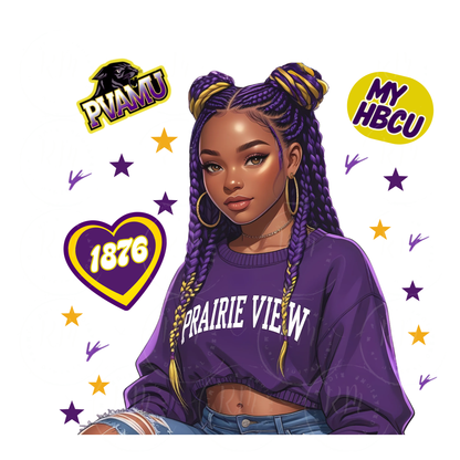 Prairie View A&M University Girl Clipart | HBCU PNG for T-Shirts, Mugs and other Merch | PVAMU Purple and Yellow Braids Black Woman Sublimation Design
